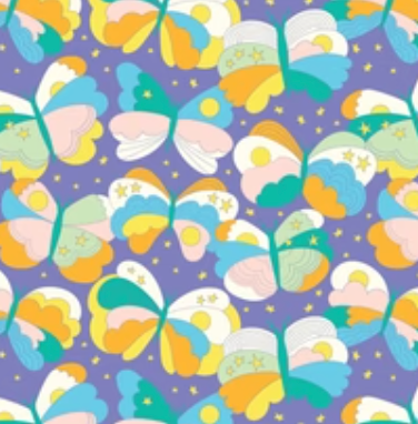 Butterfly Nights pattern: pastel butterflies and stars on periwinkle purple