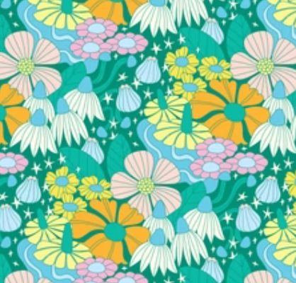 Flower Galaxy pattern: daisies, blooms and stars on teal