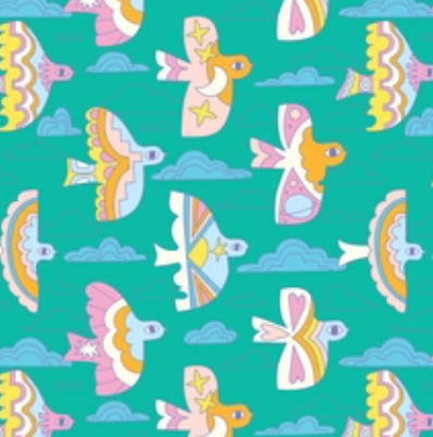 Print: flying birds and clouds on teal